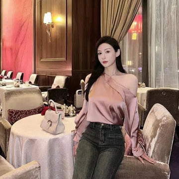 Women's Satin Blouse Cold Shoulder S-XL Long-Sleeve Tops